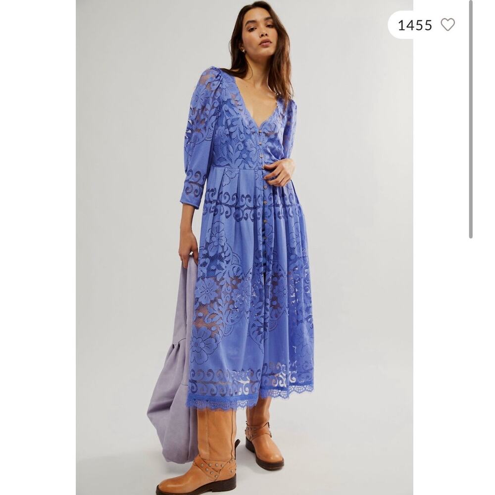 Free People Shadow Dance Lace Midi Dress Blue Medium
